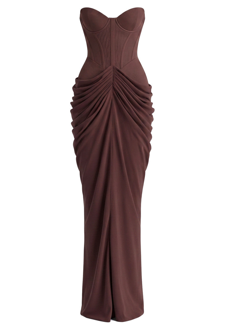 Flashy Girl Strapless Corset Maxi Dress in Brown