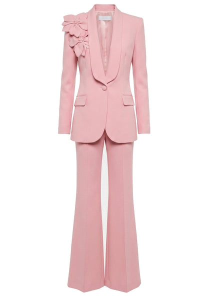 Flashy Girl V-Neck Floral Detail Suit in Pink