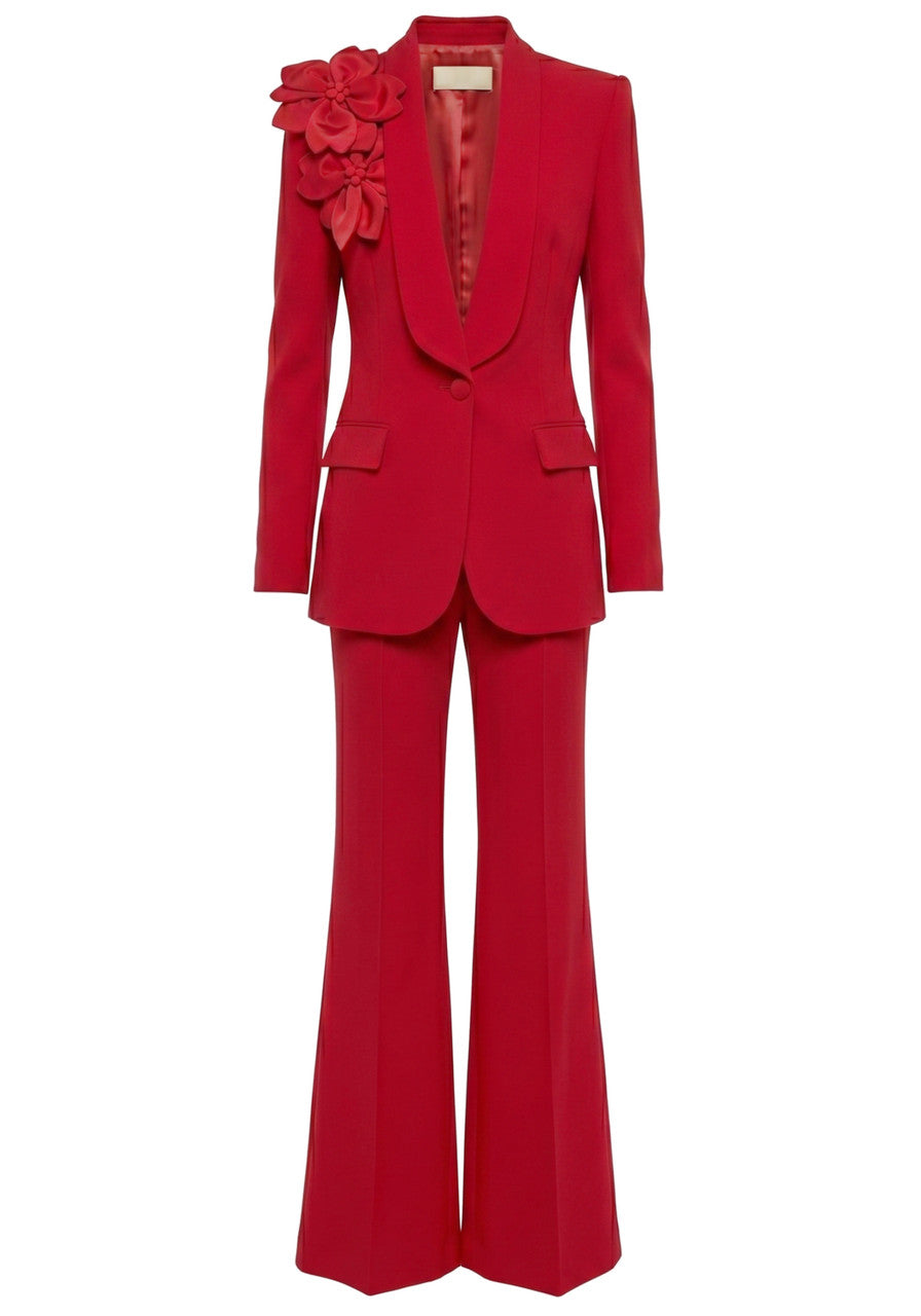 Flashy Girl V-Neck Floral Detail Suit in Red