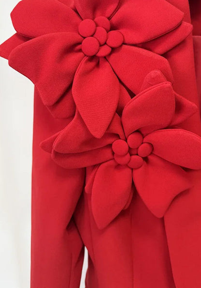 Flashy Girl V-Neck Floral Detail Suit in Red