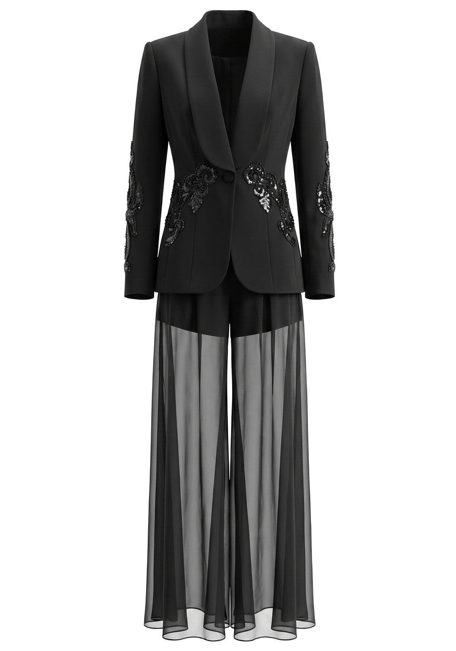 Flashy Girl Sequin Mesh Suit in Black