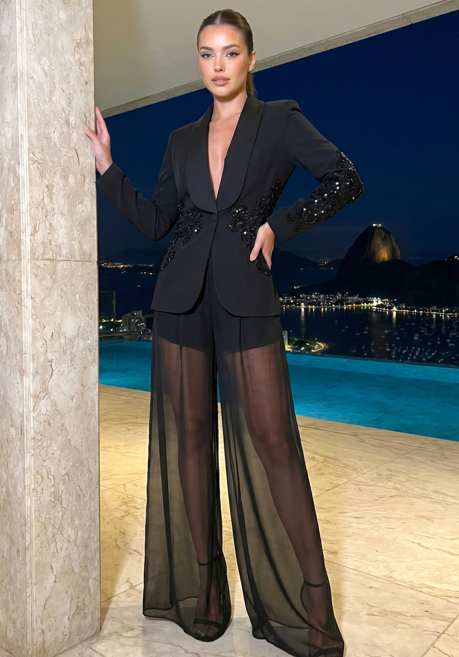Flashy Girl Sequin Mesh Suit in Black