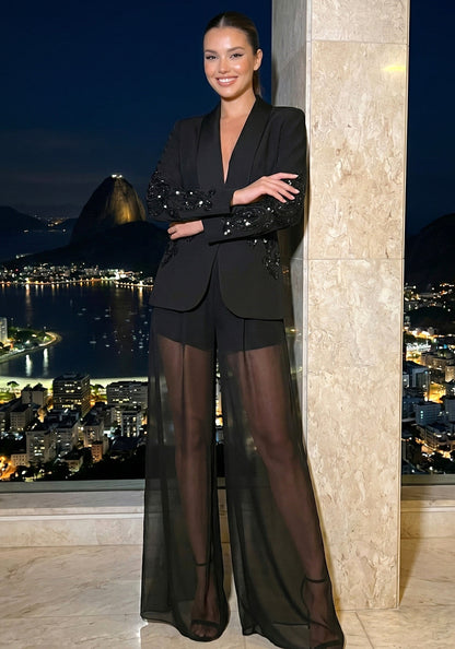 Flashy Girl Sequin Mesh Suit in Black